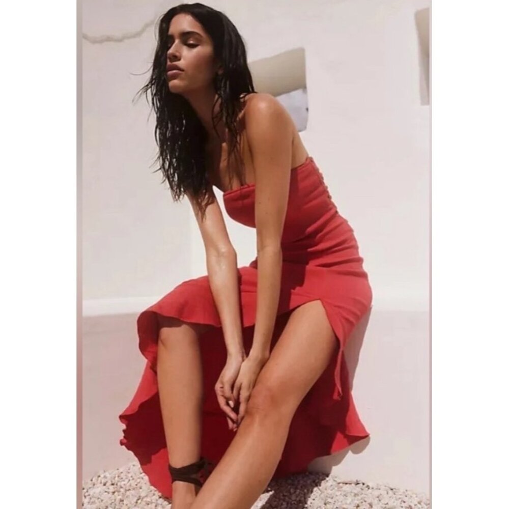 Free People Made Me Blush Strapless Smocked Tube Midi With Ruffle Red Dress Size